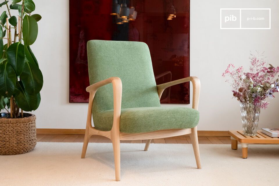 Fauteuil van massief essenhout en groene stof