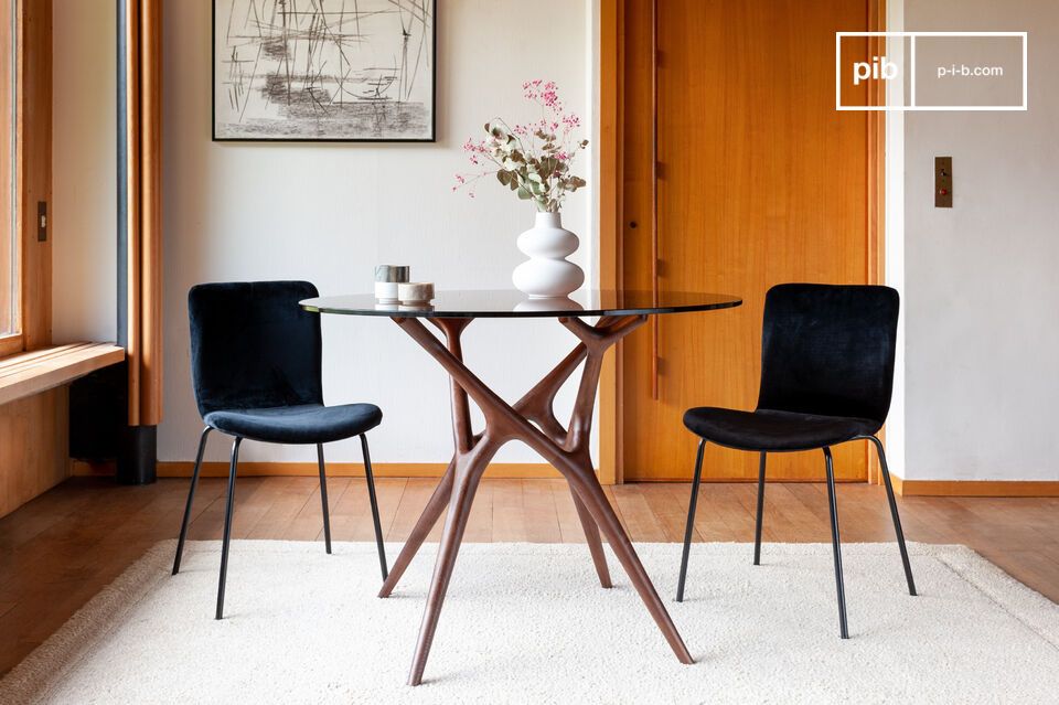 Ronde tafel in glas en massief donker essen voor 4 personen