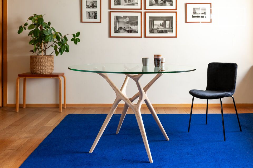 Ronde glazen tafel met licht massief essen voor 6 personen Sylvae